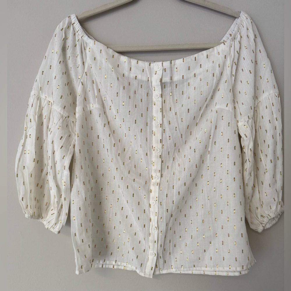 LUCKY BRAND NWT IVORY GOLD METALLIC OFF SHOULDER PEASANT BLOUSE SIZE S BOHO - Picture 5 of 11